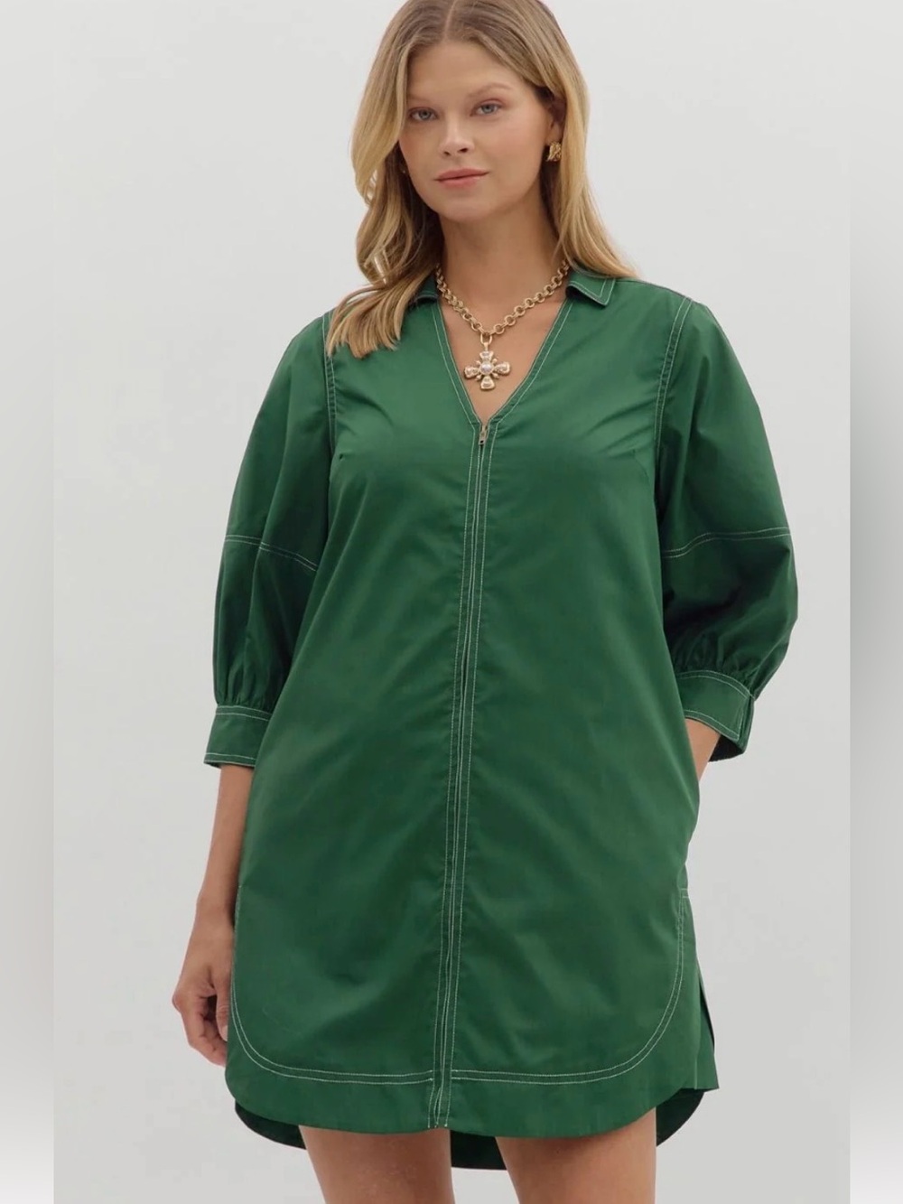 entro for Anthropologie Emerald V-Neck Mini Shirt Dress with Puff Sleeves medium